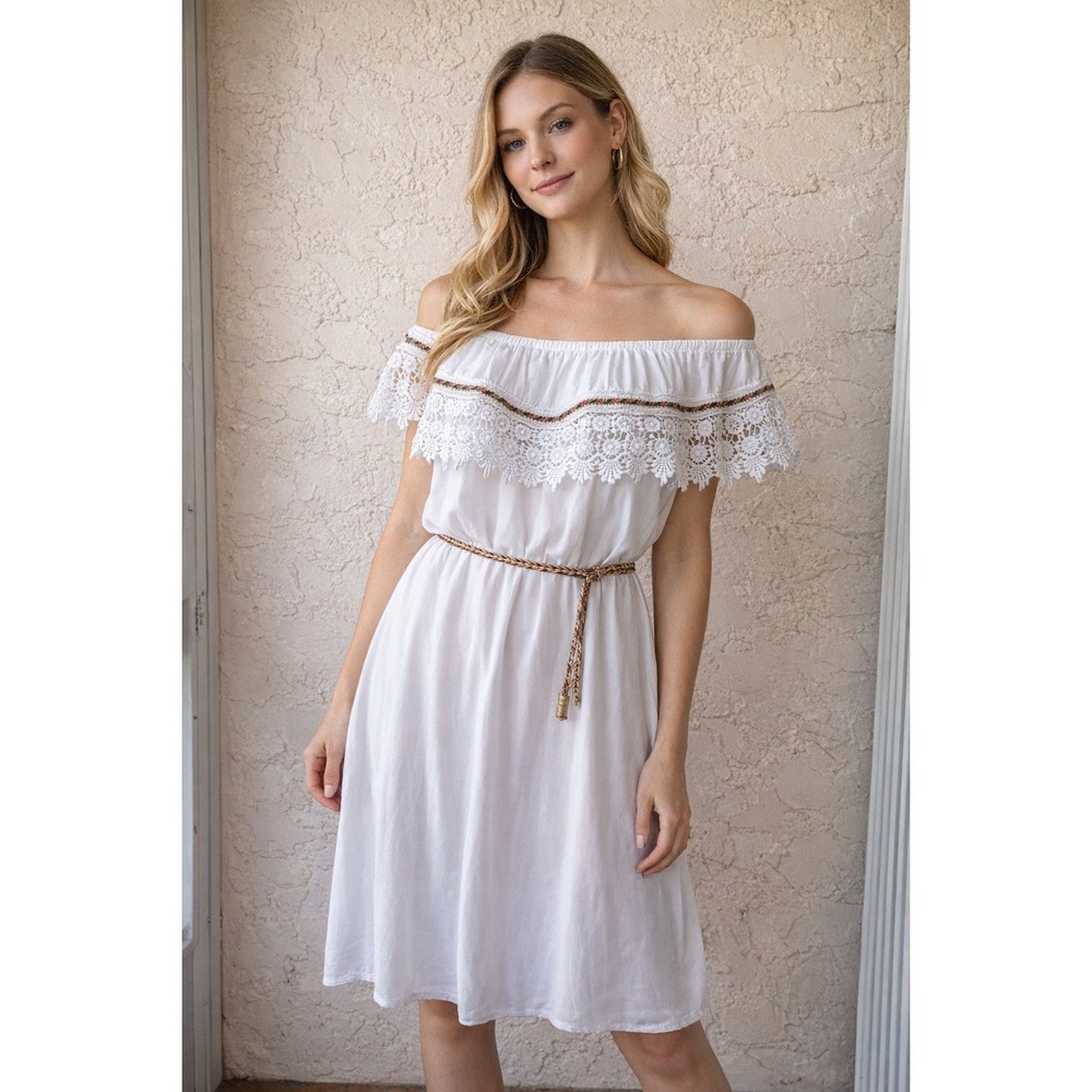Giulia Rossi White Off Shoulder Maxi Dress Lace Trim‎ Boho Peasant Italy M